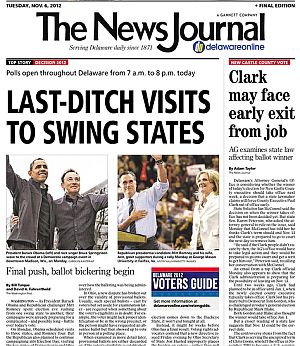 November 6, 2012 election-day edition of the Wilmington,  Delaware “News Journal” newspaper, also ran the Obama-Springsteen photo on its front page.