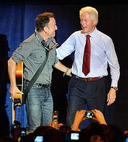 Bill Clinton greeting Bruce Springsteen on stage at Parma, Ohio Obama rally.