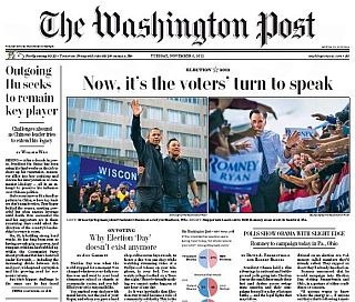 Front page of November 6th, 2012 edition of Washington Post newspaper using the Obama-Springsteen photo.