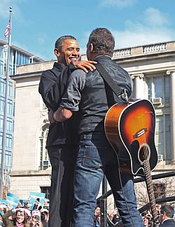 President Barack Obama greeting Bruce Springsteen at Madison, WI campaign rally.