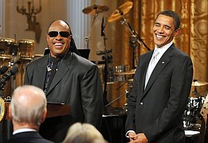 Stevie Wonder with President Obama at the White House.  Wonder performed at Obama campaign rallies in 2008 & 2012 and at the president’s 2009 inauguration.