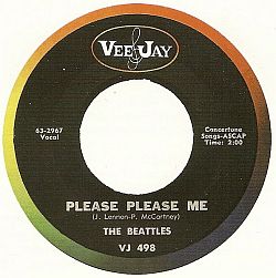 Early U.S. Vee-Jay single of Beatles’ “Please Please Me,” released in 1963, distinguished by ‘Beattles’ misspelling, later corrected. Click for vinyl.