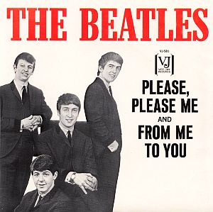 Cover sleeve for re-issued single of Beatles’ “Please Please Me” in America by Vee-Jay Records. Click for collectible book.