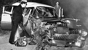 Auto accident 1956.  Ralph Nader argued that passengers suffered fatalities and injuries needlessly due to poor auto design and lack of safety features. 