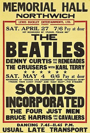 April 1963 poster for concert in Northwich, England with the Beatles at the top of the bill not long after “Please Please Me” hit the top of the charts. Small print above their name reads “Hit recorders of ‘Please Please Me’.”  Poster was later sold at Christies in London, 2012.