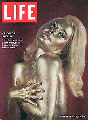 Nov. 6, 1964 cover of Life magazine with actress Shirley Eaton as the gold-painted victim from “Goldfinger” film, with cover story tag line, “A Matter for James Bond.” Click for magazine.