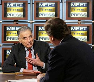 February 24, 2008:  Ralph Nader on “Meet the Press” with Tim Russert, in Washington, DC where  he announced he would run for President in 2008 as an independent.