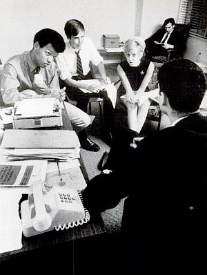Ralph Nader, back to the camera, meeting with “raiders” in 1969 – from left, Julian Houston, James Fallows, Marian Penn, and Robert Fellmeth, Photo, Life magazine.