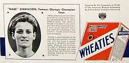 Babe Didrikson offering an endorsement for Wheaties at the bottom of a 1935 magazine ad.