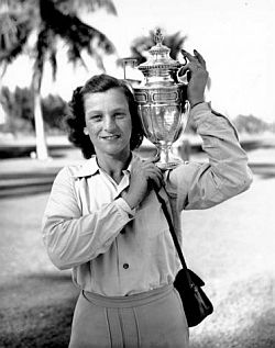 Babe Didrikson with trophy at the Miami Biltmore Country Club, Feb. 1, 1947 for winning the Helen Lee Doherty Women's Invitational Tournament. AP photo. 