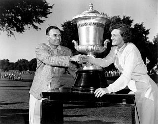 Ben Hogan  and Babe Didrikson Zaharias congratulate each other after their respective victories in the World Championship Golf Tourney at Tam O' Shanter Country Club, near Chicago, IL, August 12, 1951.  AP photo. 