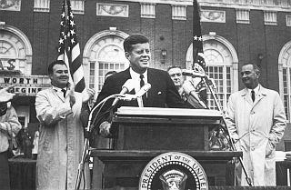 President John F. Kennedy addressing Fort Worth ,TX crowd on the morning of November 22, 1963 outside Hotel Texas.