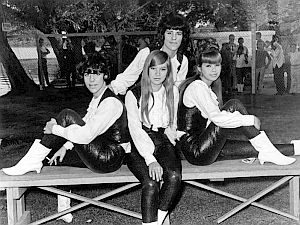 1965: The Shangri-Las, in boots & leather, at radio station WHK, Geauga Lake Park, Cleveland, Ohio. Photo, George Shuba.