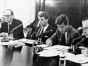 1957: Robert F. Kennedy (center left) and Senator John F. Kennedy (center right) during the McClellan Rackets hearings, U.S. Senate, Washington, D.C.