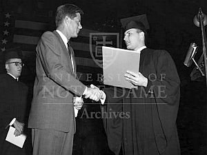 February 22, 1957: Sen. Kennedy being honored with the 1957 Patriotism Award, Notre Dame University, South Bend, Indiana.  Photo, Notre Dame archives.