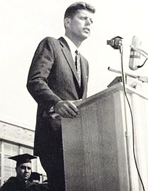 October 2, 1958: Senator John F. Kennedy speaking at Assumption College, Worcester, MA.