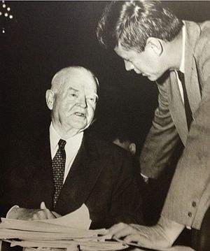 1958: Senator Kennedy visiting with former president Herbert Hoover in Washington, D.C.