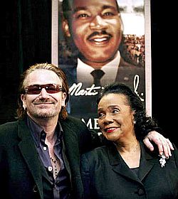 January 17, 2004: Bono of U2 with Coretta Scott King, widow of Dr. Martin Luther King Jr., at news conference in Atlanta. GA where Bono received a King Center award for U2's MLK tribute music. Photo /W.A. Harewood/AP.