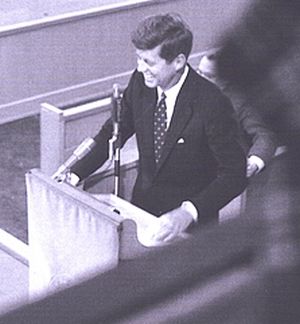 April 10, 1959: Senator John F. Kennedy photographed from balcony as he spoke to a capacity crowd in the Eaton Chapel of Beloit College, Beloit, WI.