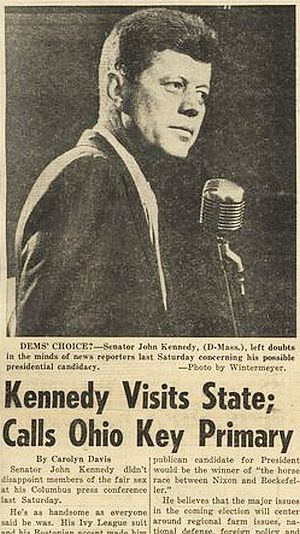 Portion of front page from “The Ohio State Morning Lantern” newspaper, Columbus, Ohio, July 2, 1959 reporting on JFK visit to the state in late June 1959.