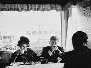 Fall 1959: A Jacques Lowe photo of JFK, Jackie and brother-in-law Steve Smith (back to camera) at an Oregon diner. JFK then was still unknown in many locations.
