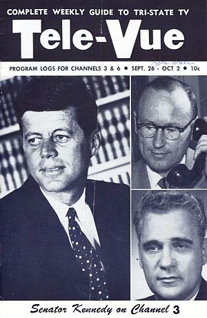 Sept 1959: JFK featured on the cover of a Duluth, MN TV Guide booklet for week of Sept 26-Oct 2, as Kennedy was then slated to appear on KDAL-TV, Sept 26, before a live audience. Also shown on the cover are local newsmen, Dick Anthony and Mundo DeYoannes.