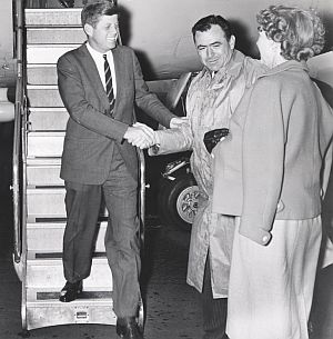 1959: Local dignitaries greet Senator John F. Kennedy at Tillamook Naval Air Station, Tillamook, Oregon.