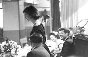 1959: Jackie Kennedy saying a few words on campaign trail with JFK in West Virginia. Photo, Mark Shaw.