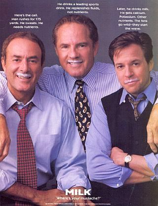 1996: Sportscaster celebrities Al Michaels, Frank Gifford, and Bob Costas appear in “milk mustache” ad campaign.