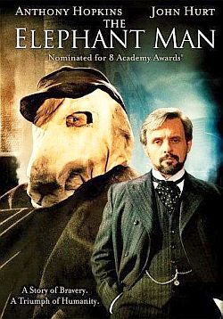 DVD cover for “The Elephant Man” film of 1980, with Anthony Hopkins as Dr. Treves. Click for DVD.