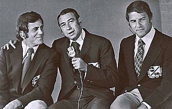 Frank Gifford, right, joined “Monday Nigh Football” broad-casters Howard Cosell, center, and Don Meredith  in 1971.