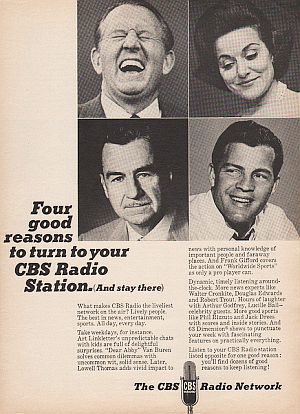 CBS Radio ad of the mid-1960s featuring Frank Gifford as one of the network’s notable on-air personalities.