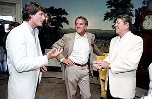 June 1983: Christopher Reeve, Frank Gifford & President Ronald Reagan at White House reception & picnic for Special Olympics program, Diplomatic Reception Room.