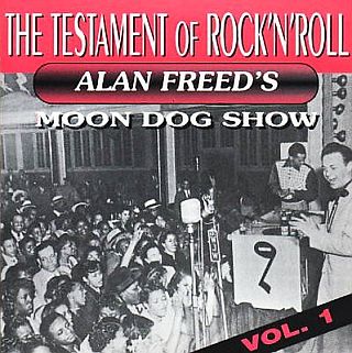 1950s dance-concert scene with Alan Freed (far right) as DJ & emcee. CD cover for collection of 1950s songs from Freed’s radio years. Famous Grove Records / 1997-98. Click for CD.