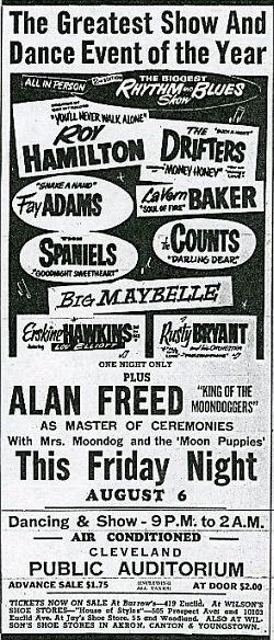 August 1954. Print ad for big R&B revue show in Cleveland with Alan Freed hosting.