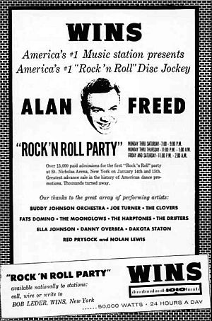 January 1955: “Billboard” magazine ad for Alan Freed’s shows on WINS radio, New York.