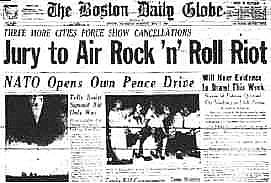 Headlines from a May 1958 Boston Globe story spell trouble for Alan Freed’s stage shows. 
