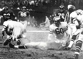 With Gifford stretched out on the turf, Bednarik, No. 60, looks around as Chuck Webber goes for the loose ball.