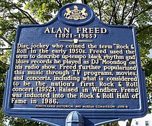 Pennsylvania historic marker honoring Alan Freed at location of his boyhood years in Windber, PA.