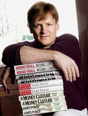 Michael Lewis with some of his best-selling books. Photo, Mark Costantini/Chronicle.