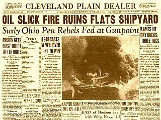 Nov. 2, 1952: Headlines in a Sunday edition of the Cleveland Plain Dealer tell of an oil-slick fire on the Cuyahoga River.