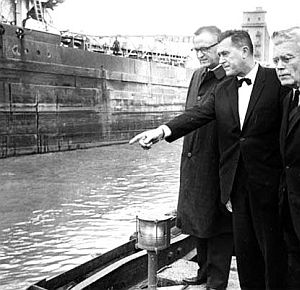 1964: U.S. Congressmen visit pollution problem on the Cuyahoga River; L-to-R: John Blatnik, Charles Vanik & Mike Feighan. Cleveland Press photo.