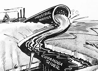 July 1964: Portion of a Bill Roberts’ Cleveland Press cartoon depicting industrial pollution on the Cuyahoga River.