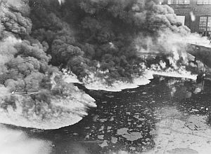 Cuyahoga River on fire, possibly 1952 fire.