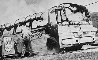 The fire on the mob-burned bus at Anniston, Alabama was eventually put out, but the bus was totally destroyed.