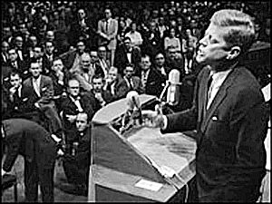 Sept 12, 1960: In an attempt to quell questions about his Catholic religion and a Catholic becoming president, JFK gave an eloquent and convincing speech to the Ministers' Association of Greater Houston, addressing some 600 clergy and guests, taking their questions, and generally defusing a major issue that had dogged his campaign.