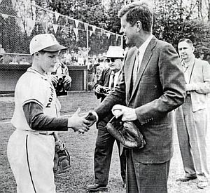 May 15th: JFK threw opening day baseball for Little League teams at Riverside ballpark in Portland, OR. Mike Gefroh caught ball and asked JFK to autograph it.