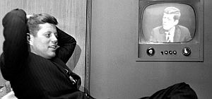 April 3rd, 1960: JFK watching a TV playback of an earlier TV appearance in Milwaukee, Wisconsin leading up to the April 5th Wisconsin primary.  AP photo.