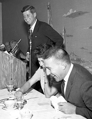 April 9th, 1960: JFK, Rep. Stewart Udall, and guest enjoy a light moment during a Democratic luncheon in Tucson, AZ. Udall would later become Kennedy’s Sec. of the Interior. Tucson Citizen photo.