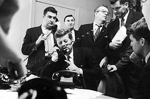 April 5, 1960: JFK & team working the phones on WI primary night. Behind JFK from left: Pierre Salinger, Kenny O’Donnell and Larry O’Brien.  RFK is on the extreme right.